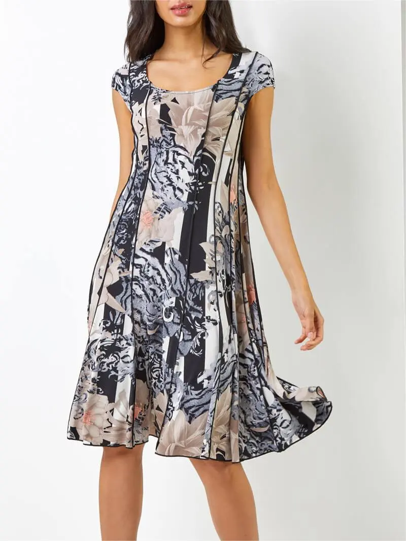 Black Abstract Floral Print Panel Dress