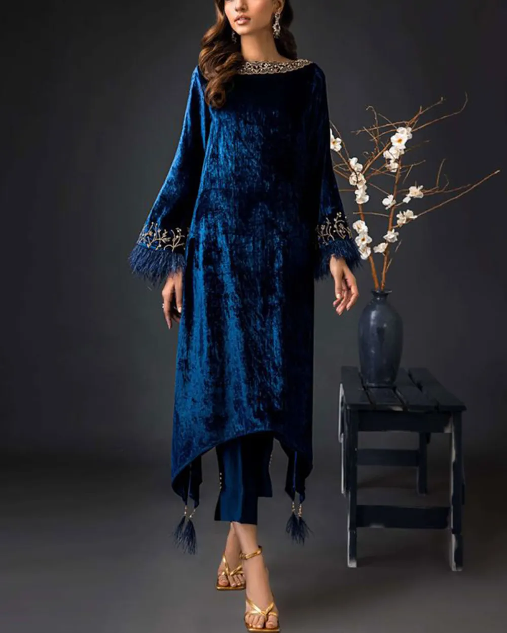 Vintage embroidered velvet feather kaftan