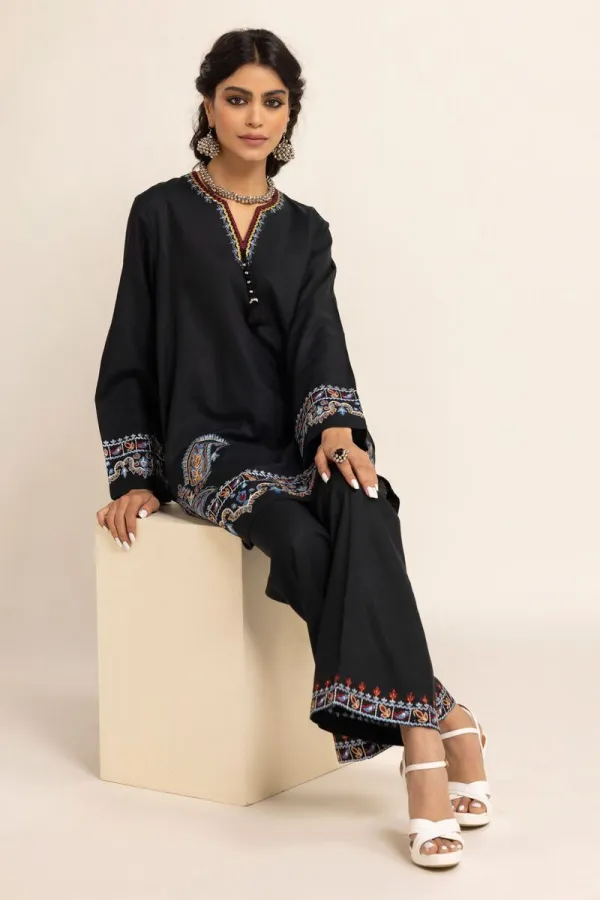 3 Piece Kurta Embroidered | Dupatta& Bottom & Tops | Color black