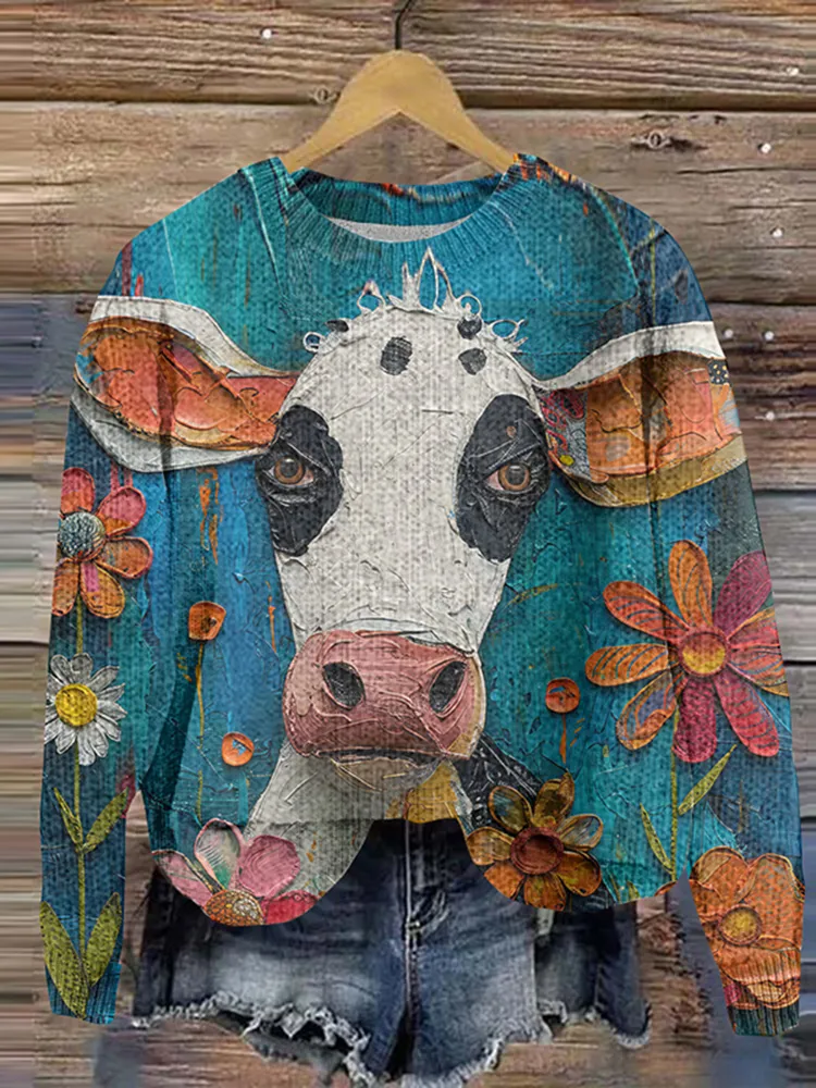 Women'S Crew Neck Sweater With Floral Cow Pattern