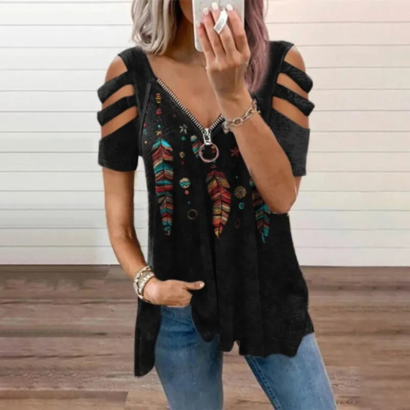 Cutout Feather Print Long Sleeve T-Shirt