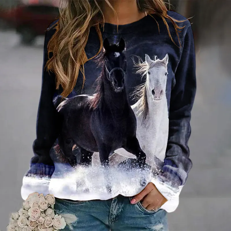 Snow Horse Print Crew Neck Sweatshirt