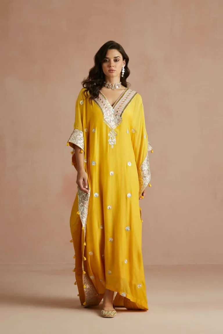 Yellow Gota Embroidered Kaftan