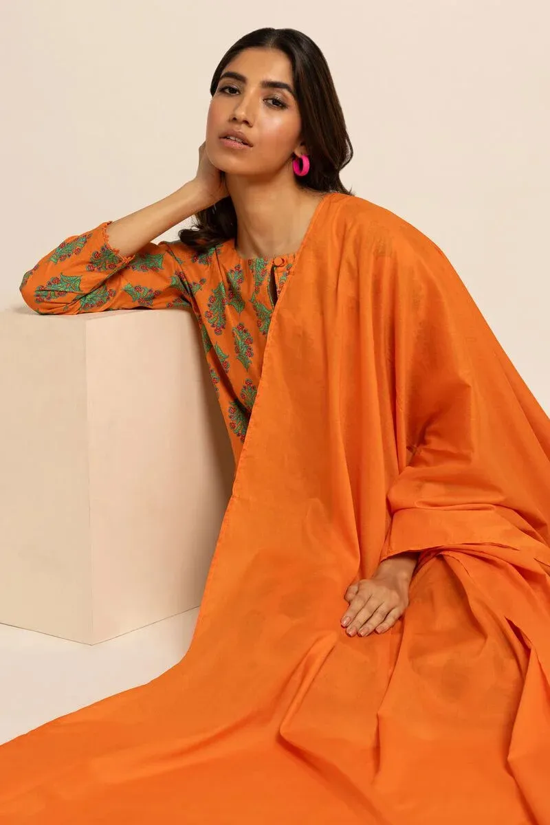 3 Piece Kurta Embroidered | Dupatta& Bottom & Tops | Color Orange