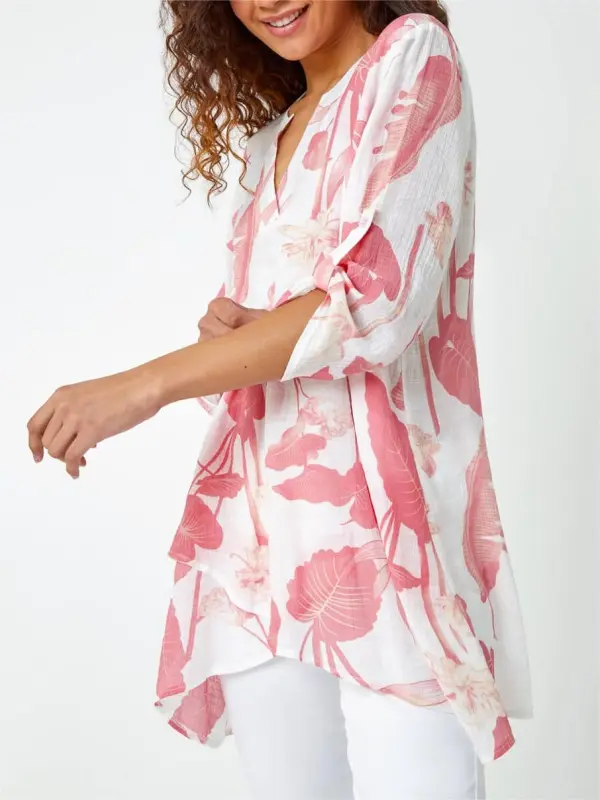 Coral Palm Print V-Neck Wrap Hem Tunic Top