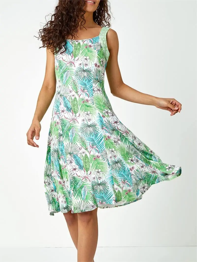 Green Tropical Fit and Flare Dress