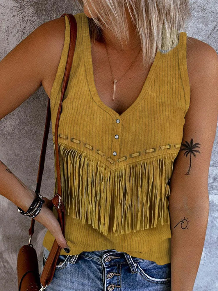 Vintage Fringe Art Button Up V Neck Tank Top