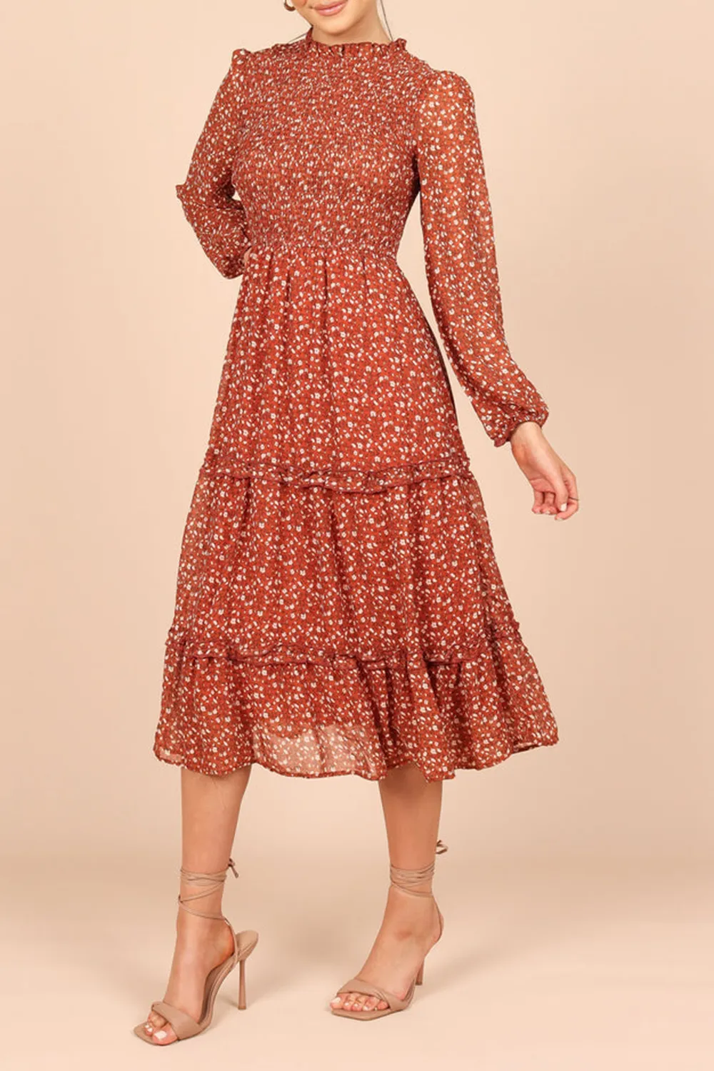 EDWINA SHIRRED FRILL LONG SLEEVE MIDI DRESS - NAVY FLORAL