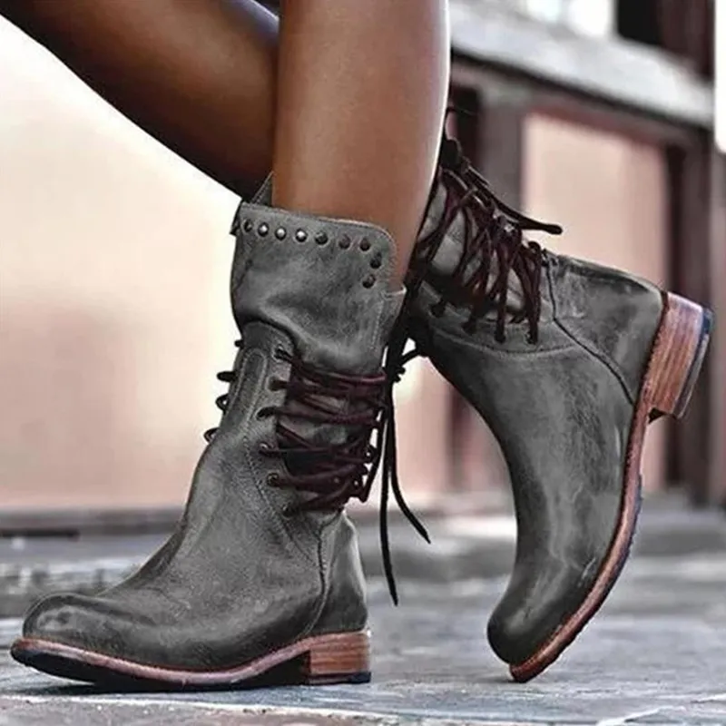 Vintage Washed Studded Laced Boots