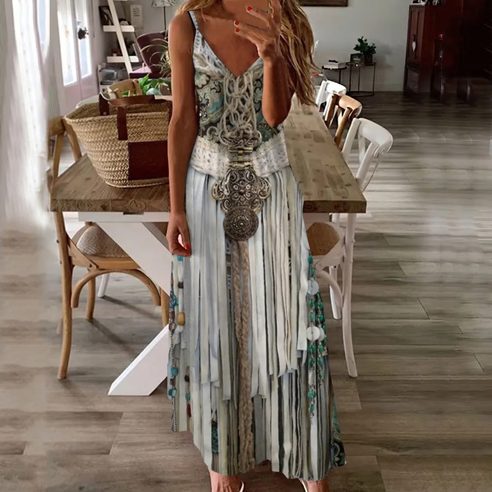 Vintage Ethnic Western Fringe Print Casual Maxi Dress