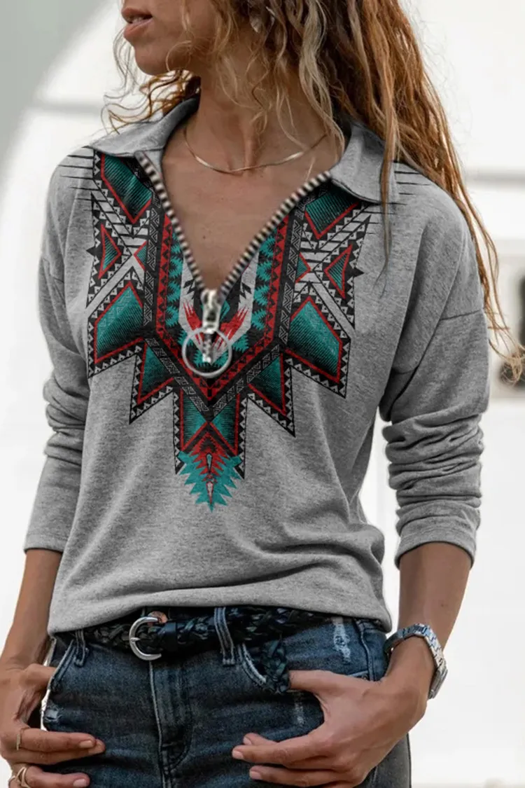 Western Ethnic Print Long Sleeve Polo Shirt