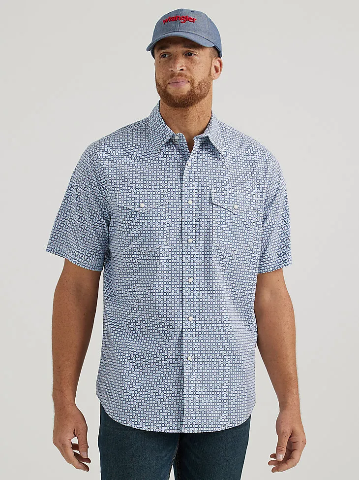 MEN'S WRANGLER® 20X® COMPETITION ADVANCED COMFORT SHORT SLEEVE WESTERN SNAP PRINT SHIRT IN MOD SEA BLUE