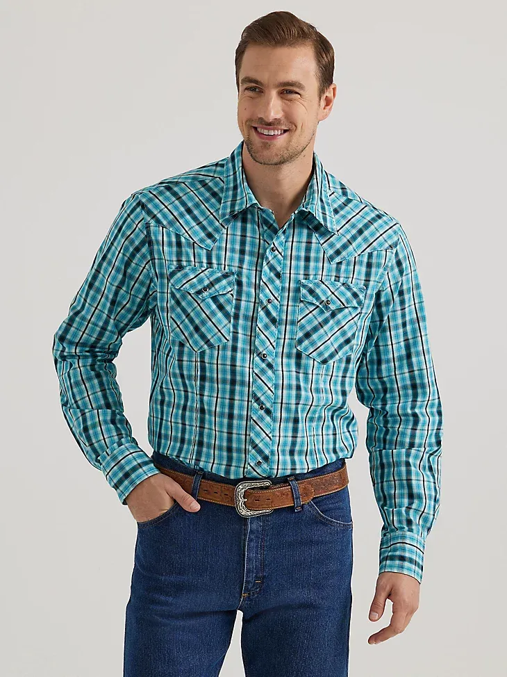 MEN'S LONG SLEEVE FASHION WESTERN SNAP PLAID SHIRT IN STRONG BLUE