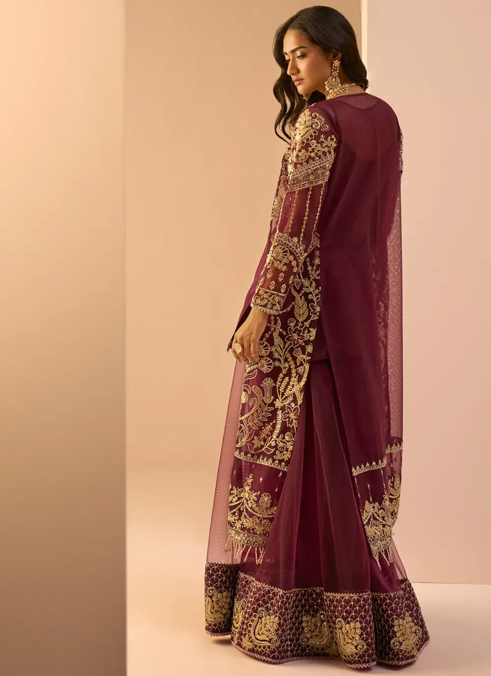 Wine Embroidered Sharara Suit