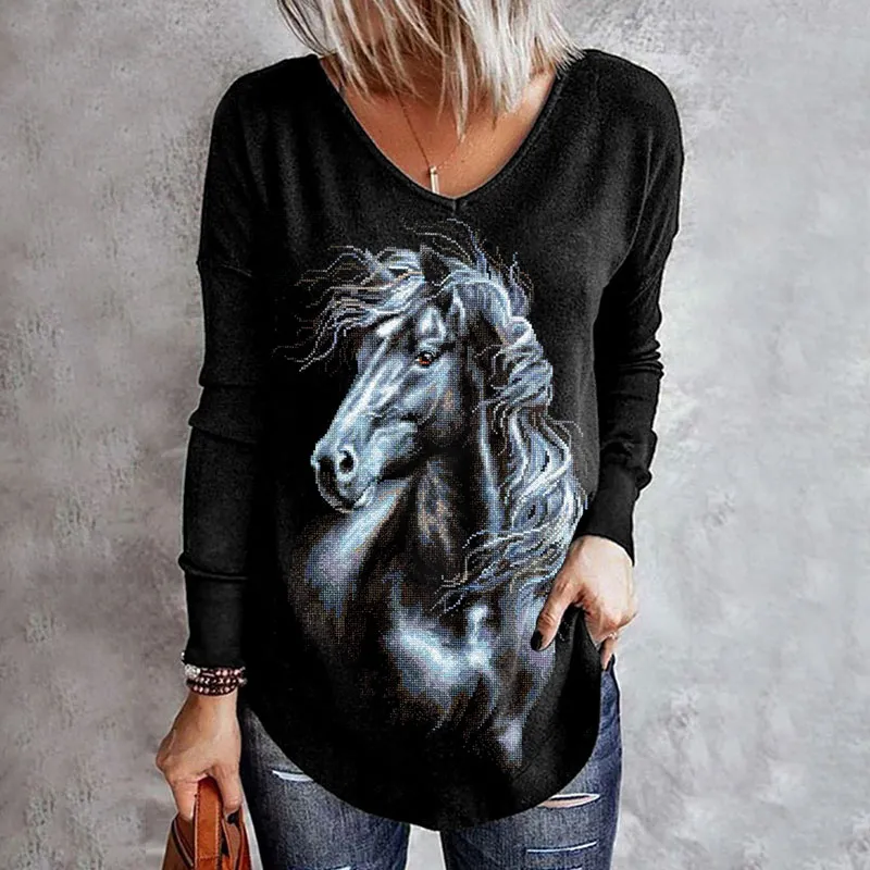 Horse Head Print Casual Long Sleeve T-Shirt