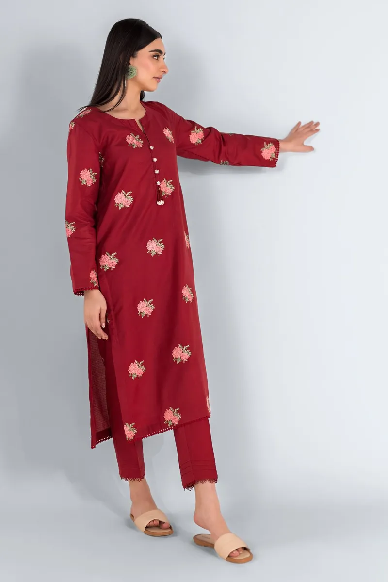 2 Piece Kurta | Embroidered & Pants | Red