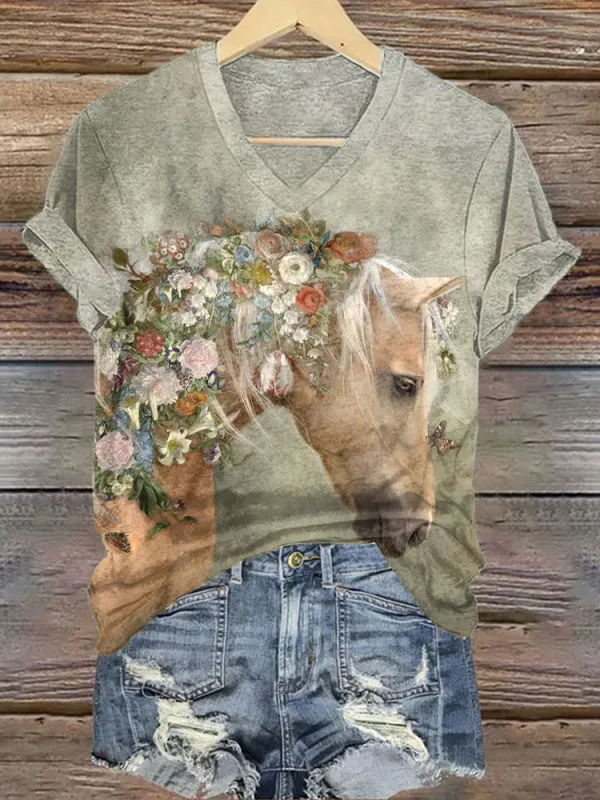 Vintage Horse Art Print V-Neck T-Shirt