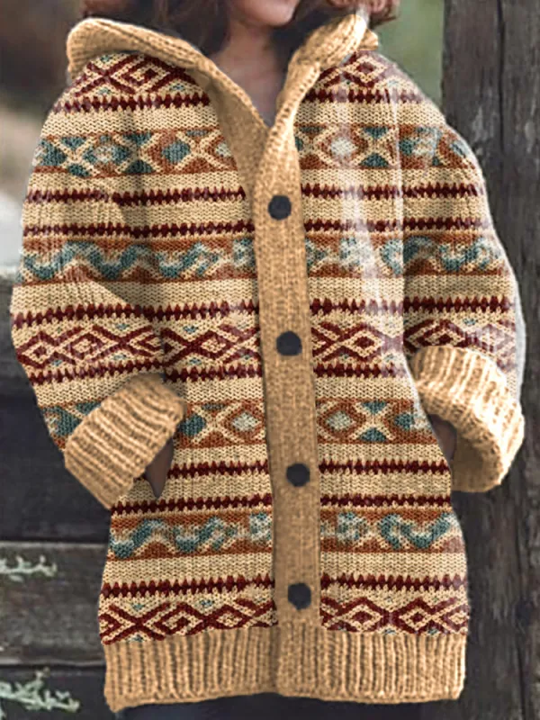 Vintage Geometric Pattern Knit Hooded Cardigan