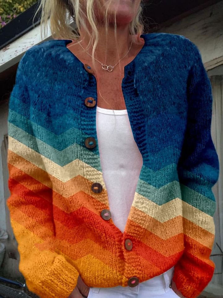 Vintage Orange and Blue Stripes Print Buttoned Cardigan Sweater