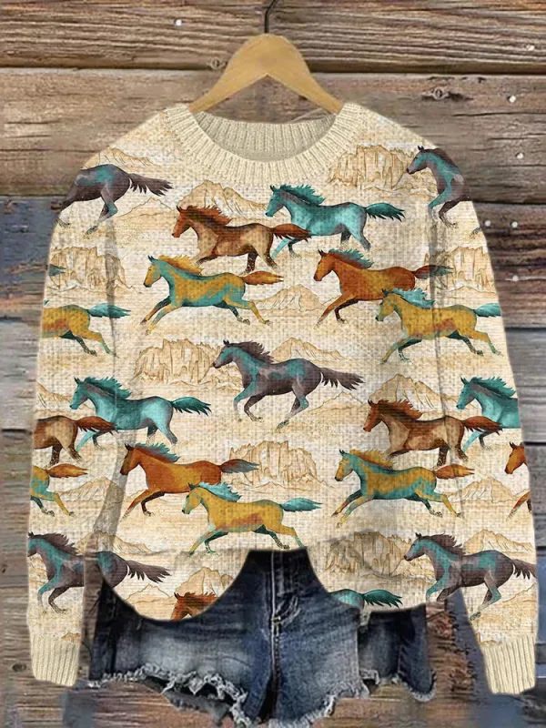 Horse Art Painting Print Casual Cozy Knit Sweater