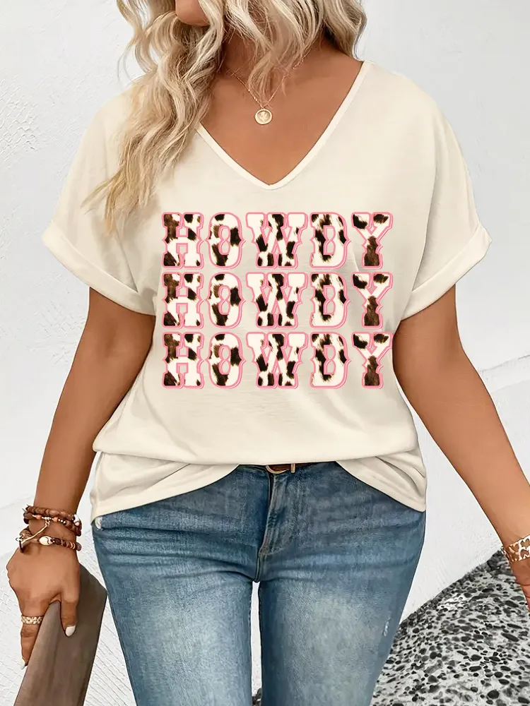 Howdy Cow Letter Print Casual V-Neck T-Shirt