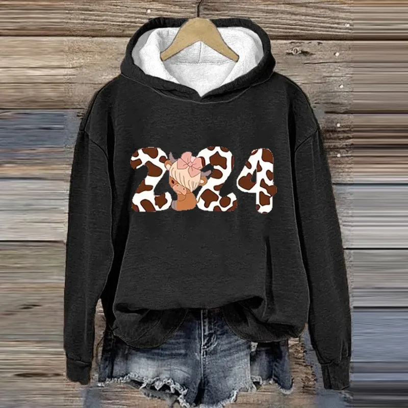 Women's 2024 Cute Highland Cow Casual Hoodie