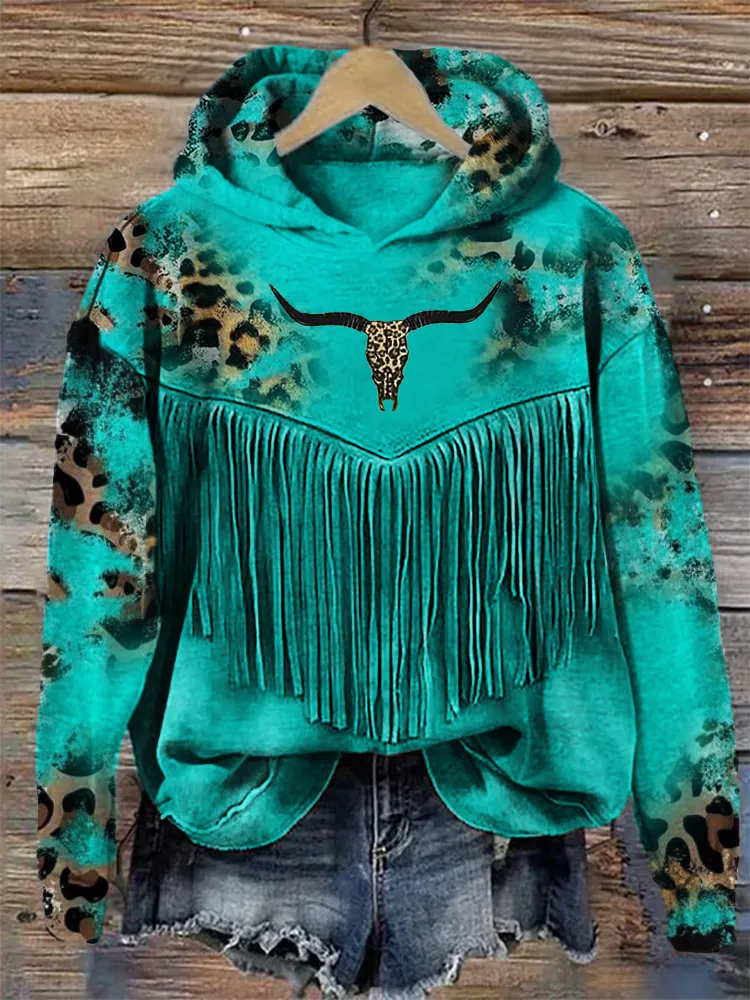 Western Bull Skull Leopard Cowhide Cozy Hoodie