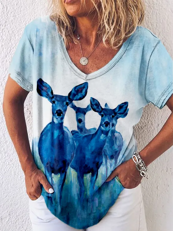 Western Art Blue Deer V Neck Comfy T Shirt