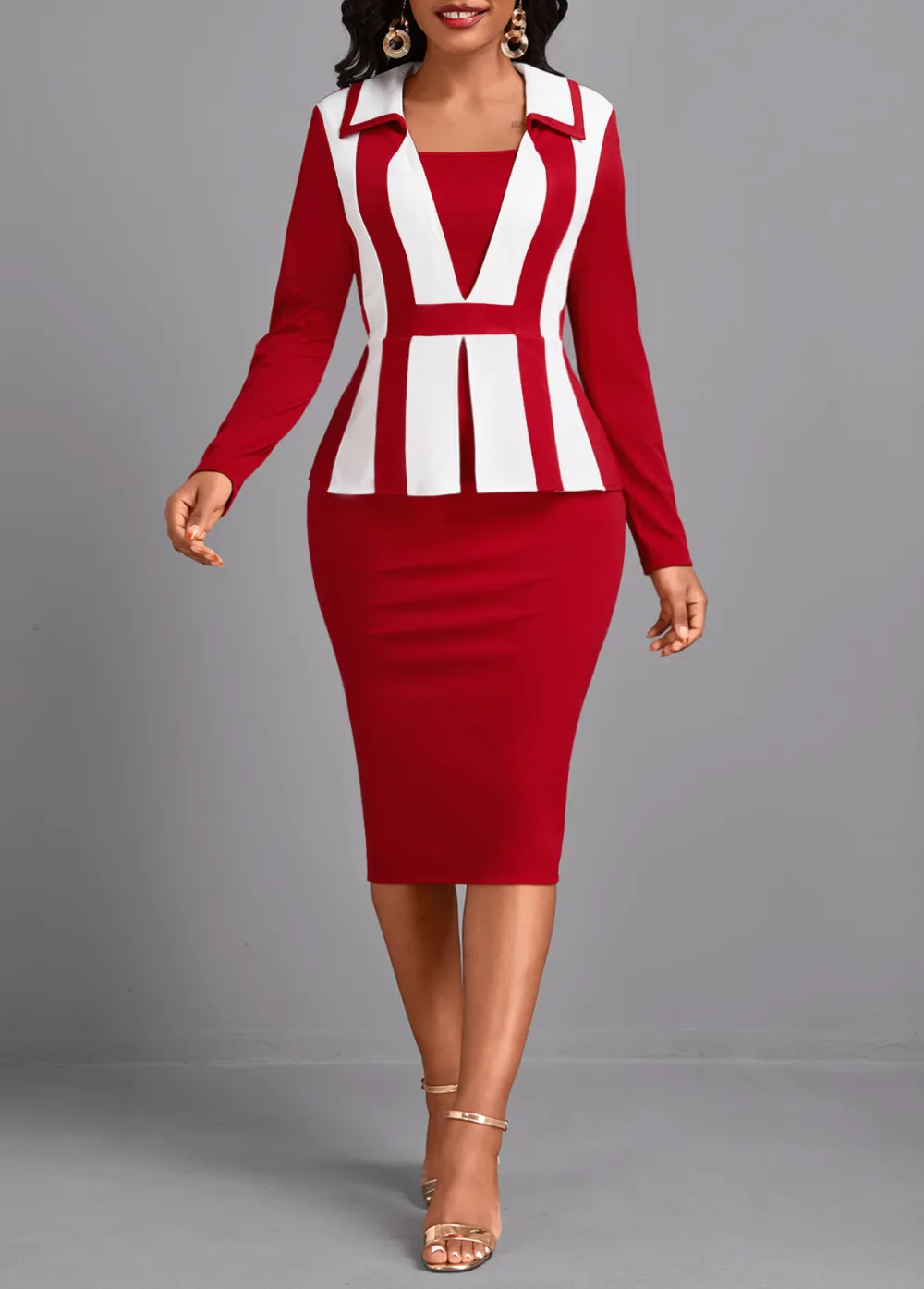 Patchwork Wine Red Long Sleeve Square Neck Bodycon Dress