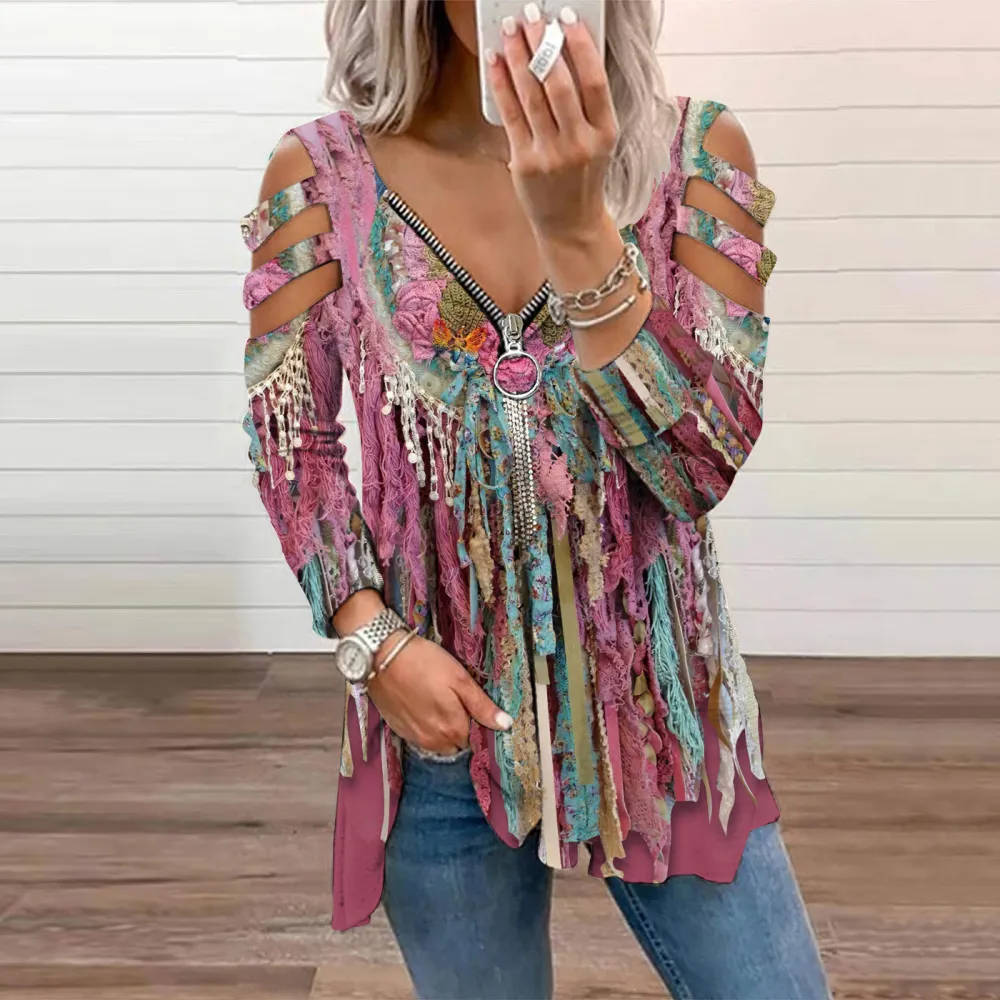 Western Tassel Print V-Neck Off-Shoulder Long Sleeved T-Shirt