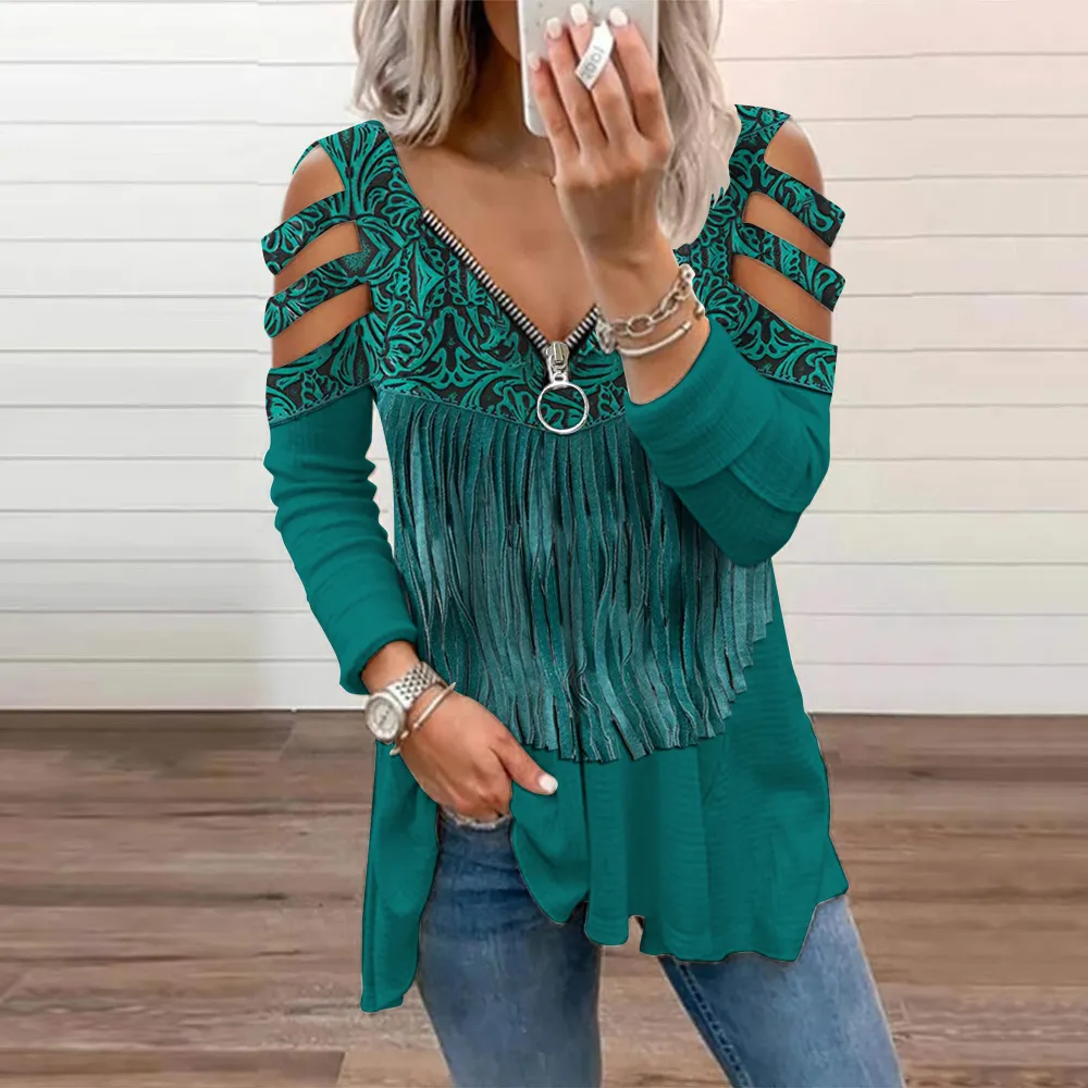 Western Tassel Flower Printed Hollow Out T-Shirt