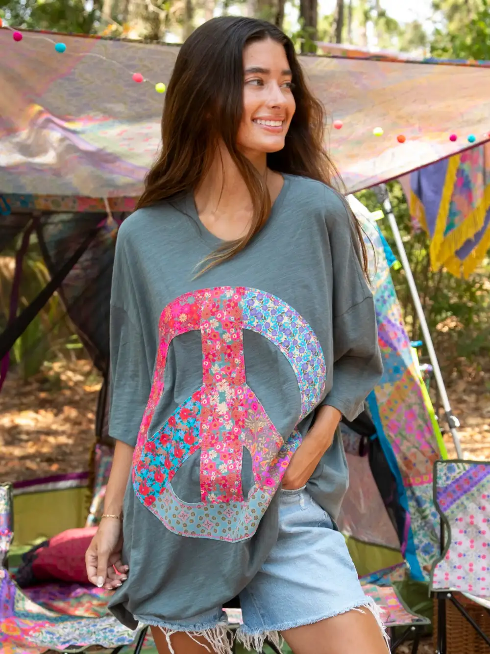 Oversized Cotton Applique Tee - Charcoal Peace Sign