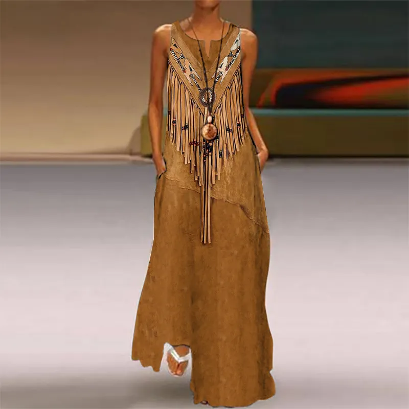 Vintage Tassels Ethnic Geometric Pattern Casual Sleeveless Maxi Dress