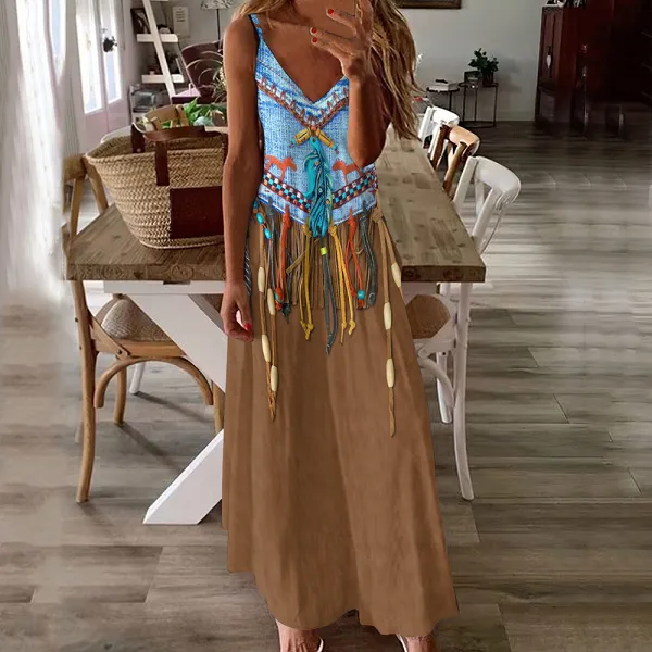 Western Tribal Tassel Denim Print V Neck Maxi Dress