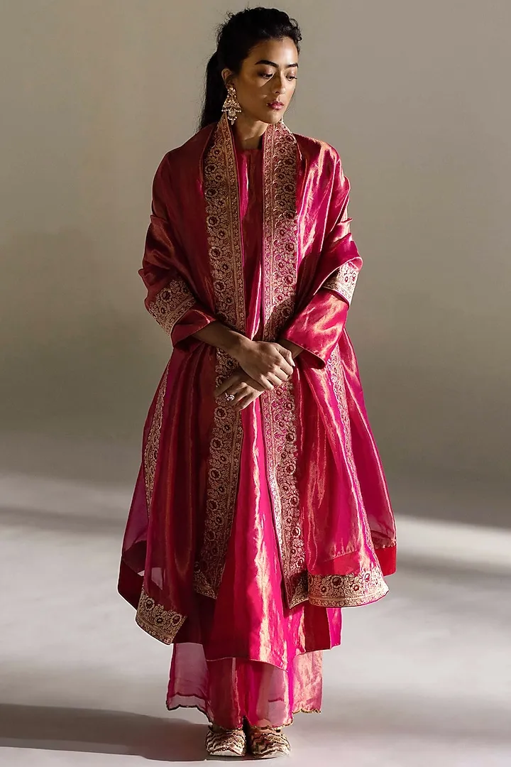 Magenta Silk Woven Embroidered Kurta Set