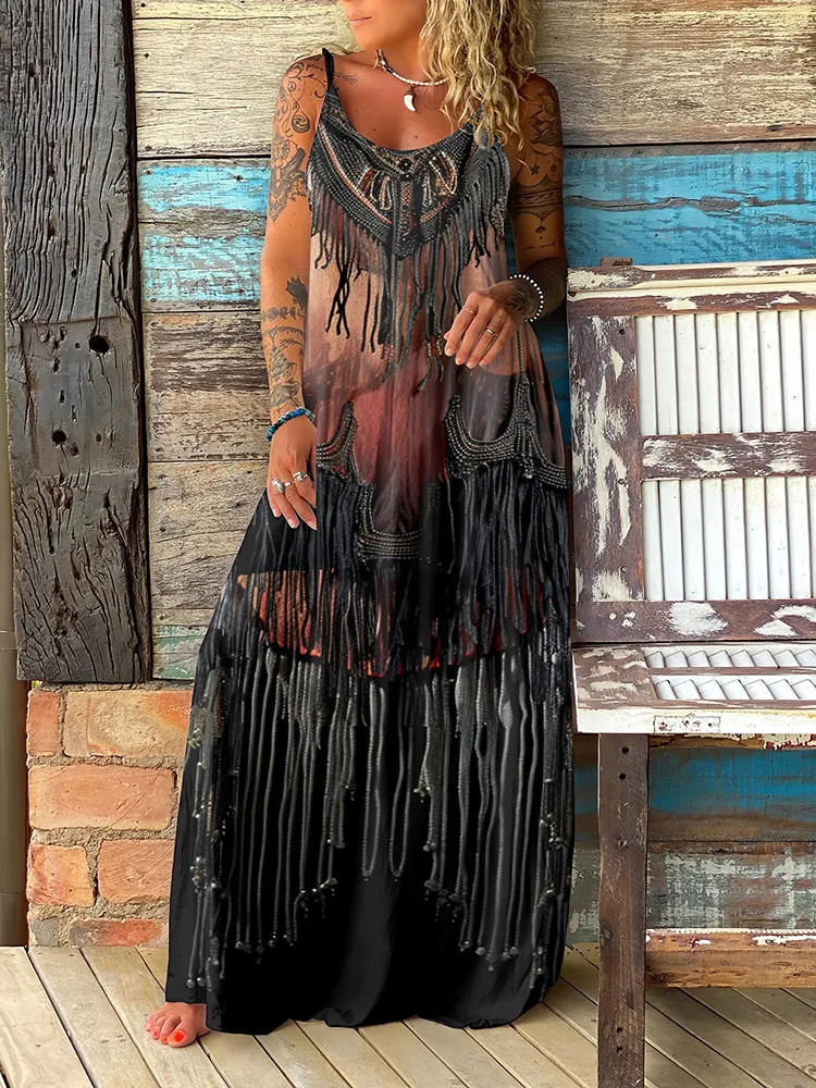 Women's Vintage Western Style Tassel Art Slip Maxi Dress