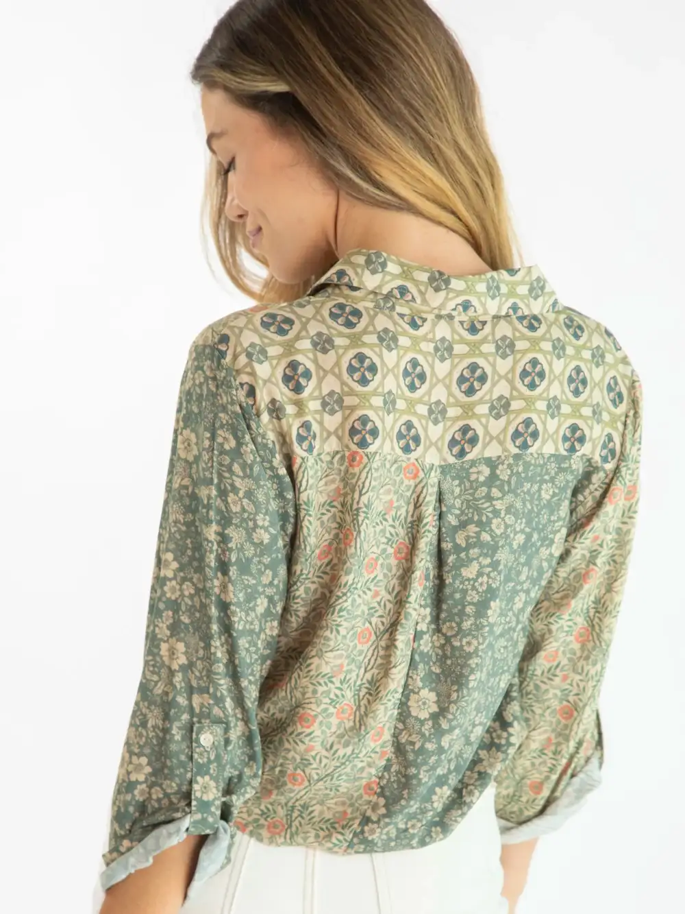 Lola Tie Button Down - Cream Sage Mixed Floral