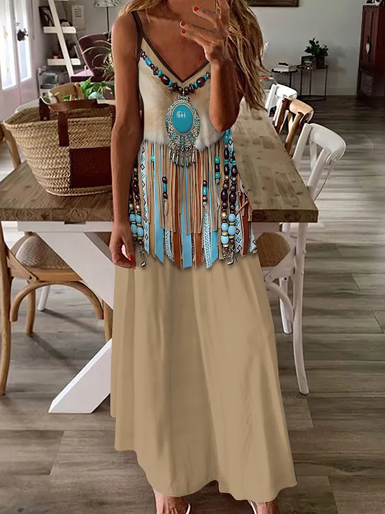 Western Tribal Tassel Turquoise Print V Neck Maxi Dress