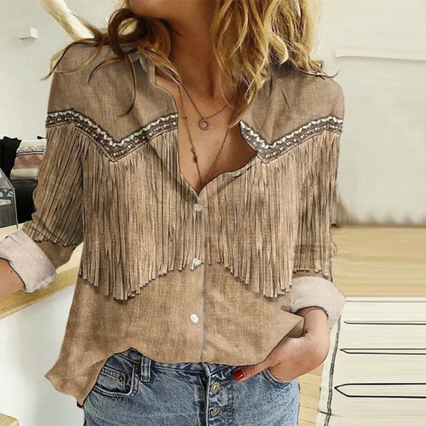 Western Fringe Print Long Sleeve Casual Shirt