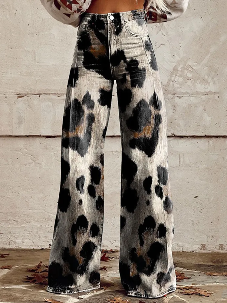 Western Leopard Print Wide Leg Jeans