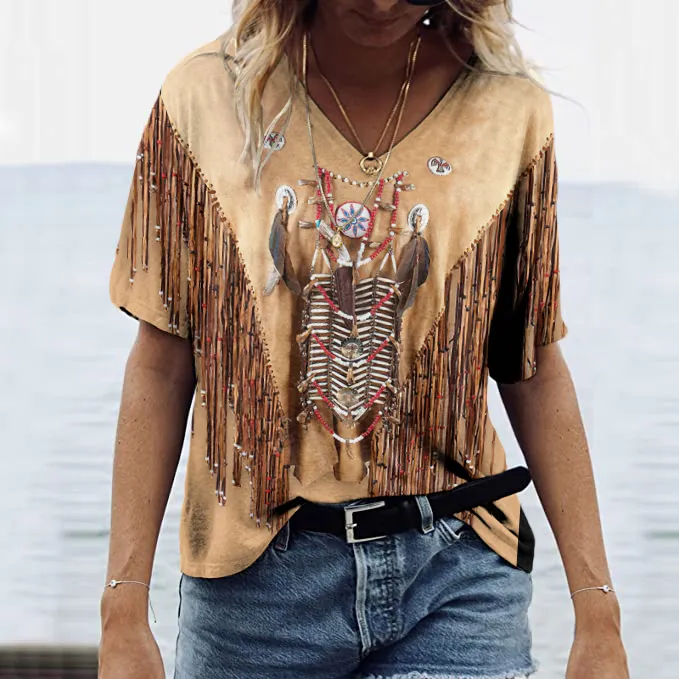 Western Vintage Tassels Art V Neck Casual T-Shirt