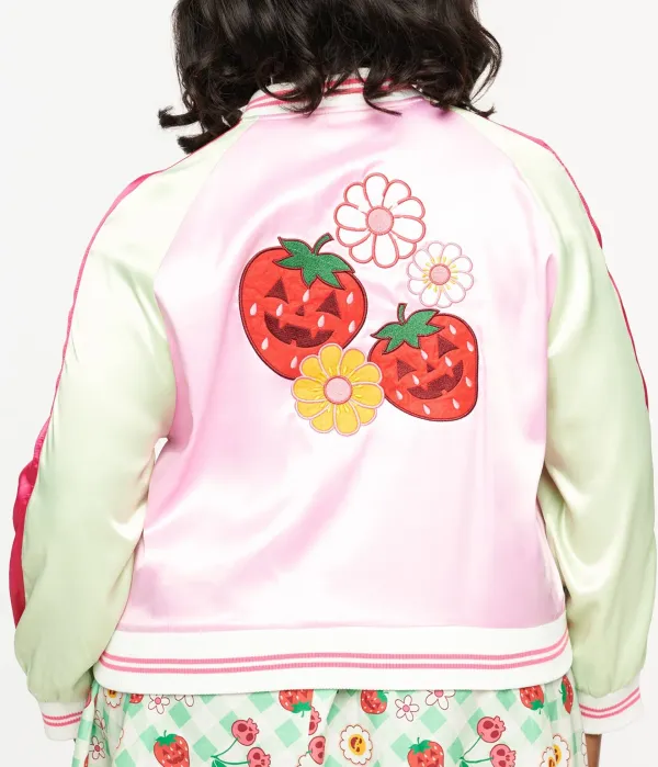 Unique Vintage Plus Size Pink And Green Bite Me Satin Bomber Jacket