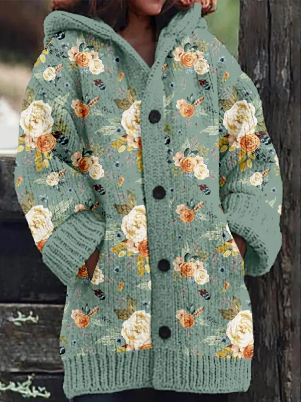 Vintage Western Floral Pattern Cozy Hooded Cardigan