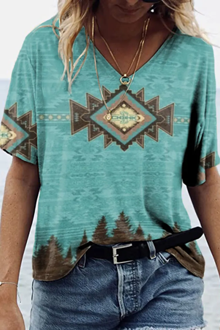 Western Print V-Neck Casual T-Shirt