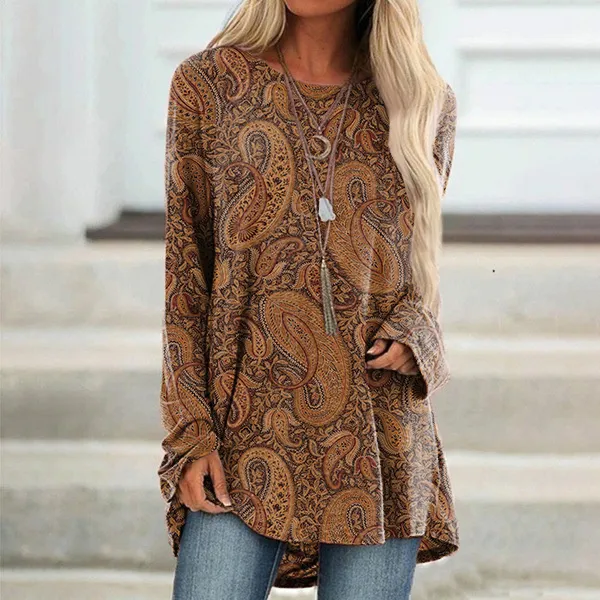 Vintage Print Long Sleeve Casual Tunic