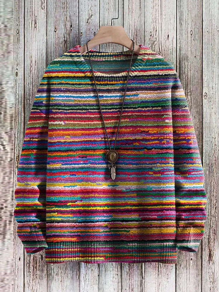 Colorful Striped Printed Crew Neck Long Sleeved Casual Sweater