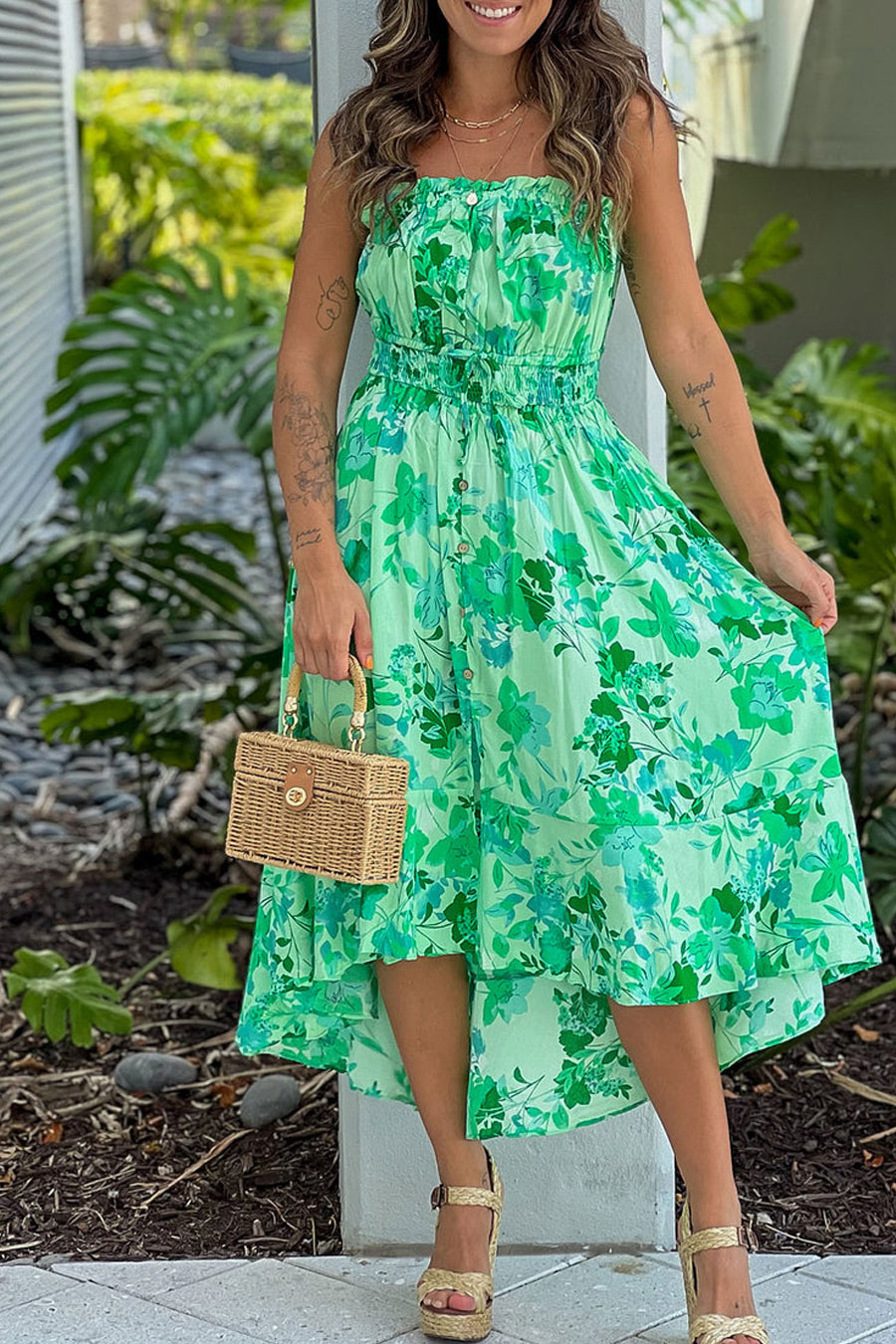 Green Floral Print High Low Dress