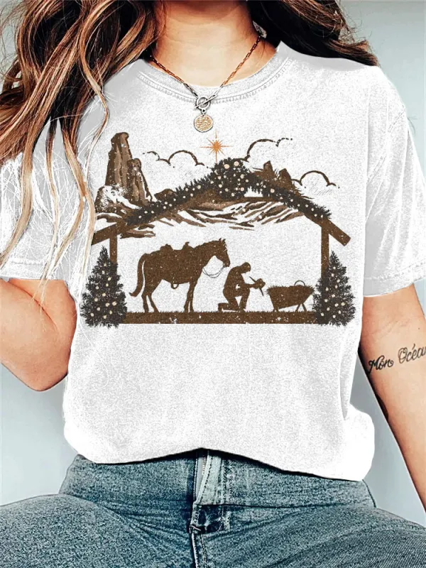 Religious Western Christmas Cowboy Print Vintage T-shirt