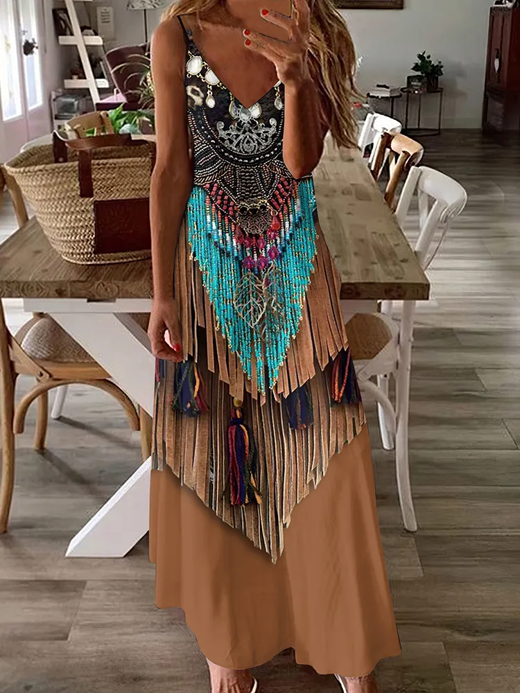 Vintage Western Tassel Printed V-Neck Suspender Maxi Dress