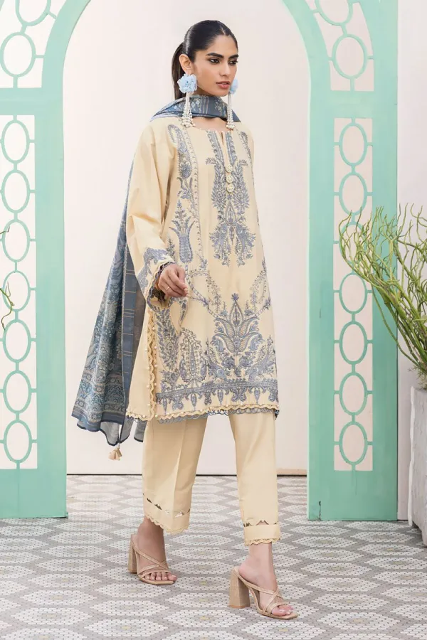 3 Piece Kurta Embroidered | Dupatta& Bottom & Tops | Color Beige